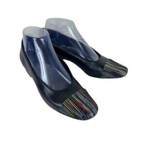 VAN ELi Black Colorful Striped Leather Cap Toe Slip On Block Low Heel Size 7.5